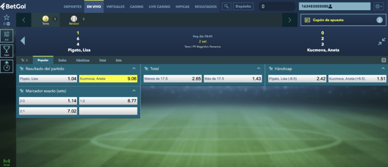 Interfaz de apuestas en vivo en BetGol con partido de tenis entre Pigato y Kucmova, mostrando cuotas en tiempo real y mercados disponibles